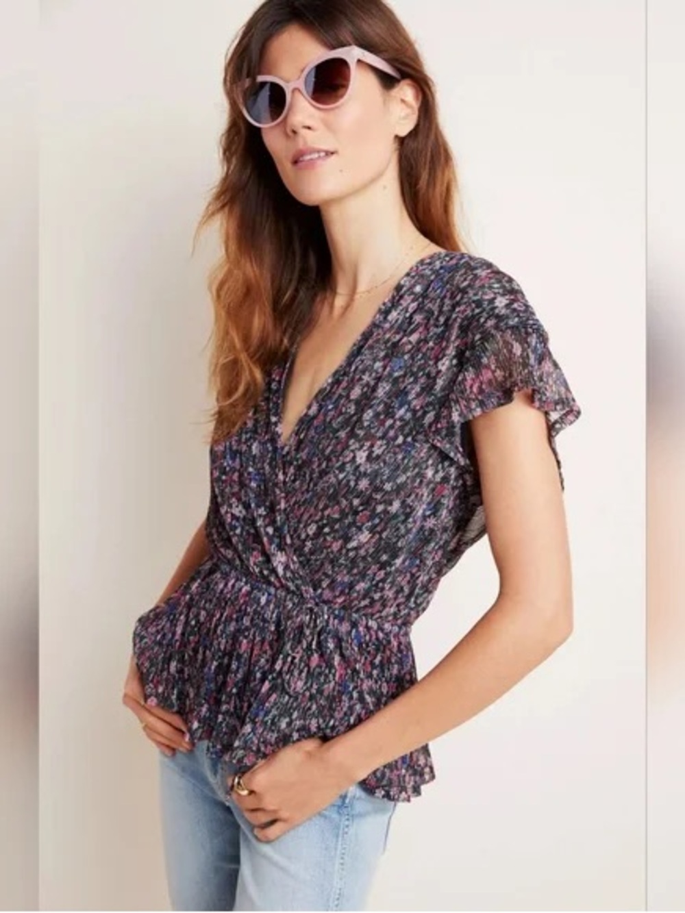 Anthropologie Dionne Metallic Top Size S Floral Wrap Top